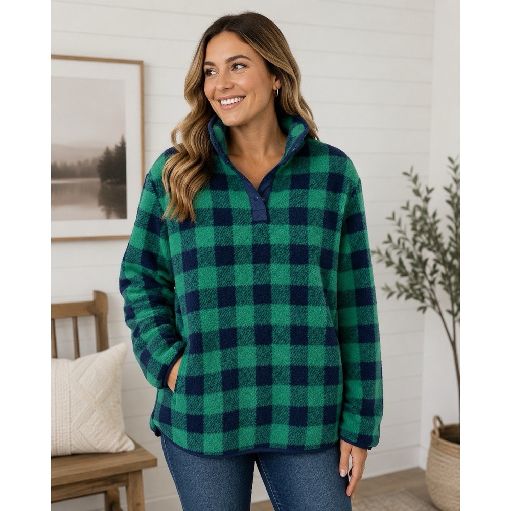 Lands' End Women's Fleece Quarter Zip Pullover Buffalo Plaid Green Navy Size XL